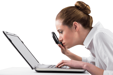 transparent businesswoman analyzing laptop with magnifying glass - Download Free Stock Videos Pikwizard.com