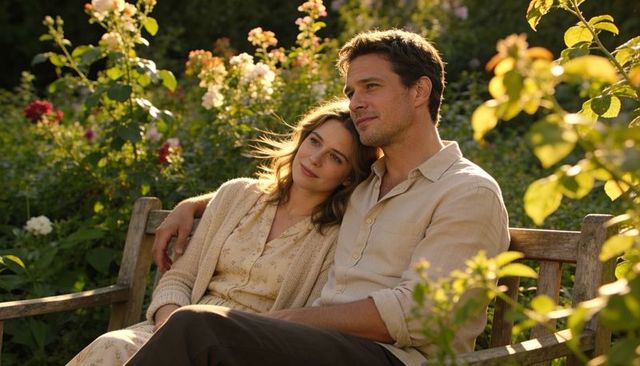 Couple relaxing on garden bench at golden hour, romantic intimate outdoor portrait