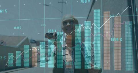 Smiling Woman Analyzing Digital Financial Data Overlay in Urban Environment