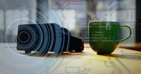 VR Headset with Overlay of Digital Code and Green Mug - Download Free Stock Images Pikwizard.com