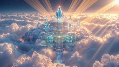 Ethereal Crystal City Floating Above Sunrise Clouds