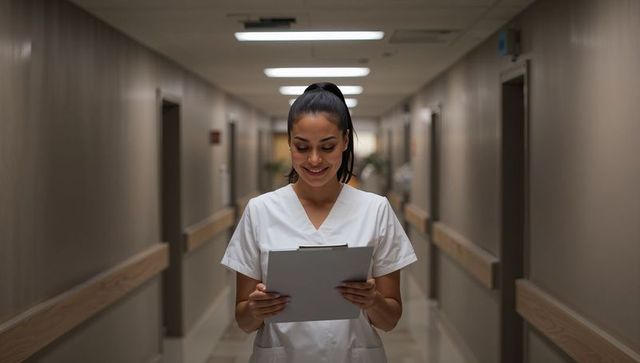 Smiling nurse holding clipboard and reading patient notes in quiet hospital corridor