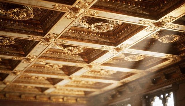 Receding gilded coffered ceiling with ornate rosettes, sunbeams and dust motes in grand hall