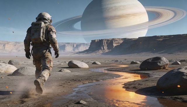 Lone astronaut trekking across rocky alien plain toward ringed giant with glowing stream