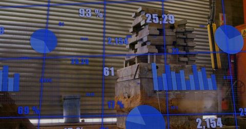 Industrial warehouse showing blue data overlays on stacked pallets, rusty metal crate, logistics cha