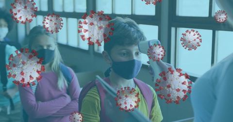 School children temperature check with covid-19 virus overlay