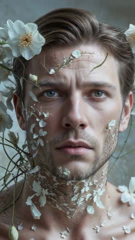 Shirtless Model Receiving Flower Petals and Vines in Studio | Botanical Vertical Portrait