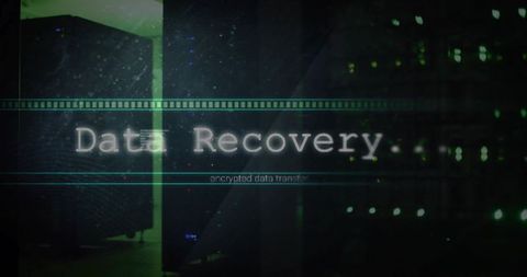 Data Recovery Overlay on Server Racks with Cyber Interface, Glitch Neon Scanlines