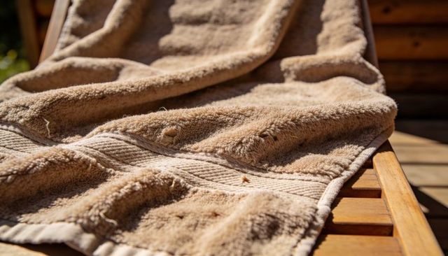 Sunlit beige towel showing pilling and lint on wooden lounger, textured cloth close-up