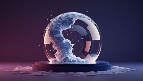 Futuristic sphere with swirling foam column on platform