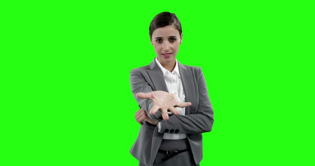 Businesswoman dressed in formal grey suit extends hand as if offering handshake against green background. Suitable for business, professional, networking, and collaborative themes. Perfect for presentations, promotional materials, and business outreach campaigns.