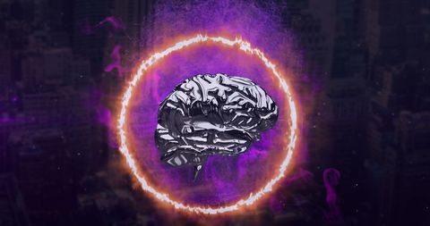 Digital Brain with Fire Halo and Purple Smoke Over Cityscape - Download Free Stock Images Pikwizard.com