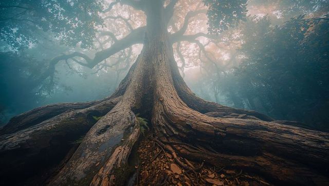 Ancient tree with wide buttress roots in misty woodland