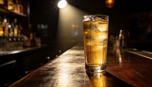 Glowing amber tumbler on wooden bar under spotlight