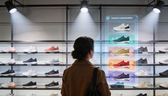 Shopper using augmented reality for instant shoe customization in modern retail