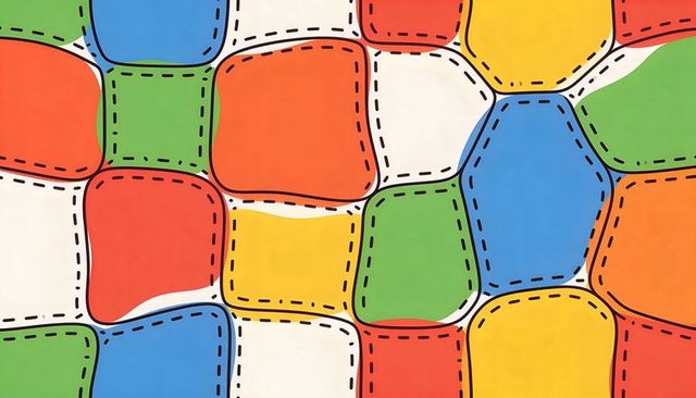Colorful stitched tiles creating playful geometric tessellation pattern for bold design