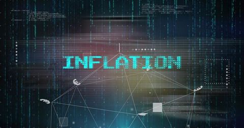 Glowing INFLATION Text in Digital Finance Network with Currency Symbols and Data Matrix