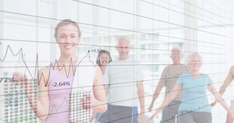 Active senior group exercising with data overlay concept