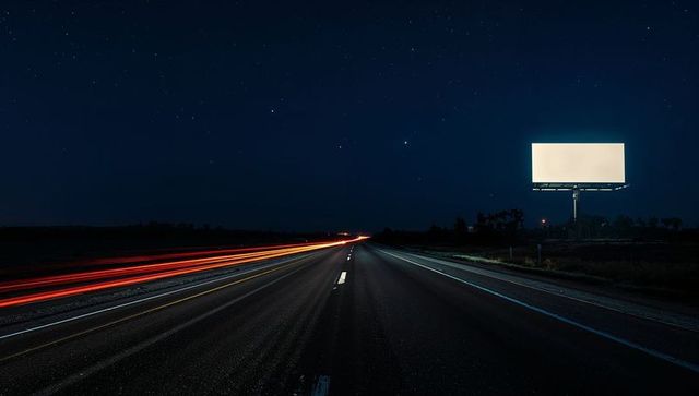 Blank billboard over nighttime highway with red light trails leading toward distant horizon