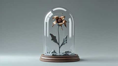 Dried flower in glass dome on wooden base with sculpted detail