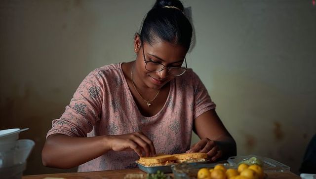 Indian woman perfecting homemade sandwiches at rustic table