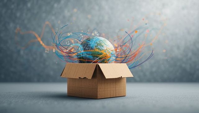 Digital earth emerging from box with data streams and floating symbols