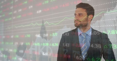 Businessman Examining Financial Data Overlay Stock Market