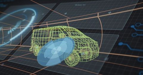 Wireframe Autonomous Van with Sensor Visualization on Futuristic HUD Interface