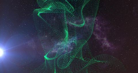 Green particle ribbon flowing through starfield with nebula backdrop and lens flare