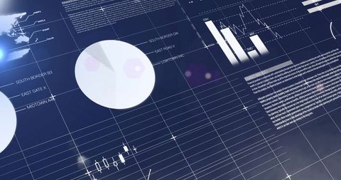 Dark Blue Financial Dashboard with Large Pale Pie Chart and Candlestick Graphs