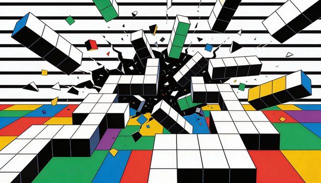 Exploding cuboids breaking through stripes, color-ended blocks flying over tiled floor