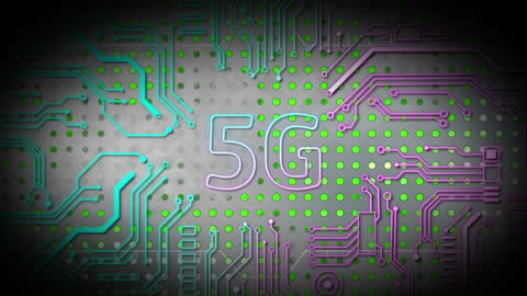 Futuristic 5G Display on Circuit Board Background