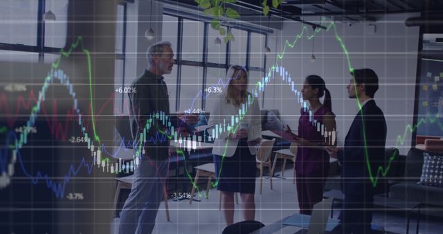 Business Team Discussing in Office with Stock Market Graph Overlay - Download Free Stock Images Pikwizard.com