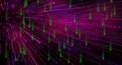 Futuristic Binary Code and Neon Light Explosion in Digital Space