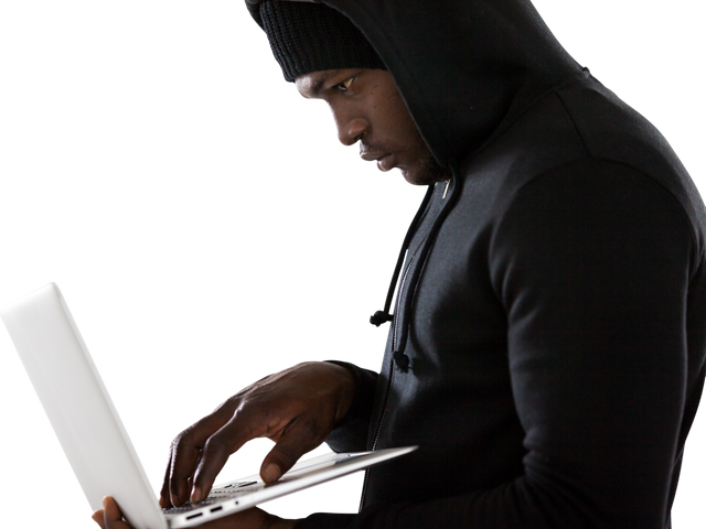 Focused Hacker Using Laptop in Hoodie Isolated on Transparent Background - Download Free Stock Videos Pikwizard.com