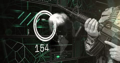 soldier with rifle over futuristic digital interface and data - Download Free Stock Images Pikwizard.com