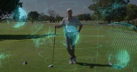 Leaning golfer wearing polo and cap holding driver at tee with teal holographic overlay