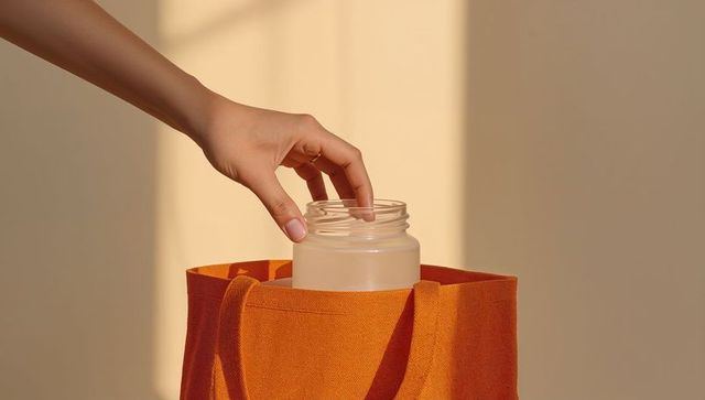 Hand placing glass jar into vibrant orange tote bag under natural light