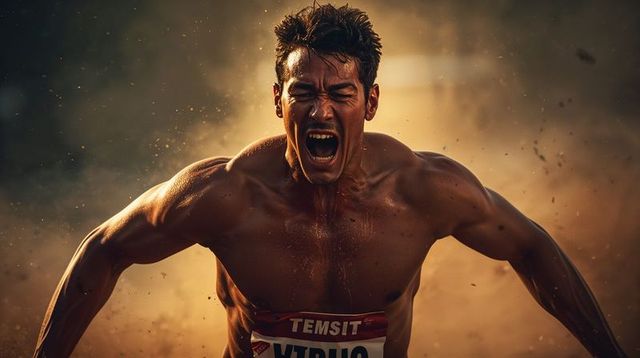 Cinematic muscular sprinter roaring with sweat, rim light, smoke and intense grit
