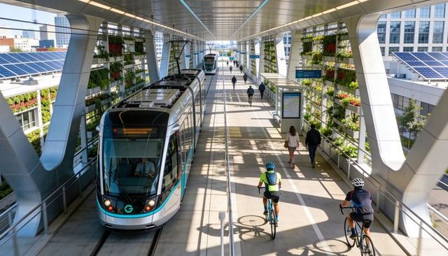 Tram waiting at elevated station with cyclists riding past green walls and solar panels
