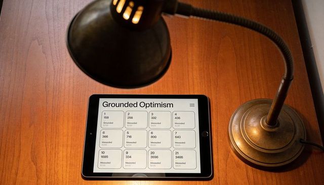 Tablet showing grounded optimism grid on wood desk with flexible brass lamp and cozy lighting