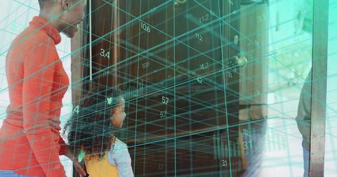 Mother and daughter holding hands at front door with augmented reality grid overlay