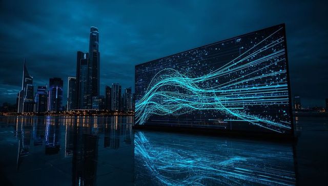 Futuristic led display overlooking modern city skyline at night