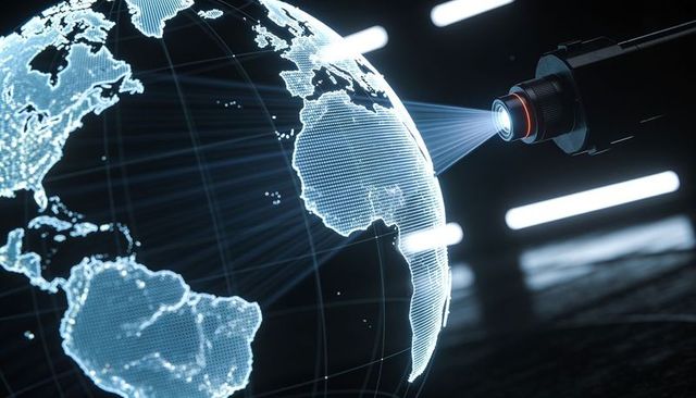 Holographic globe emitting data streams visualizing global network, cybersecurity and ai control