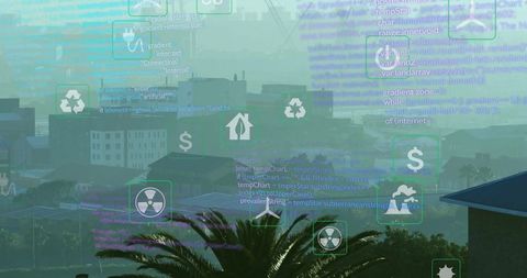 Eco-Conscious Technology Overlayed on Urban Skyline