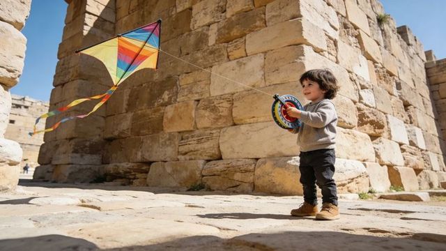Toddler flying colorful kite at ancient limestone ruins sunny outdoor play and exploration