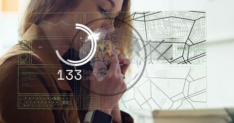 Young woman eating sandwich wearing smartwatch with augmented reality hud overlay