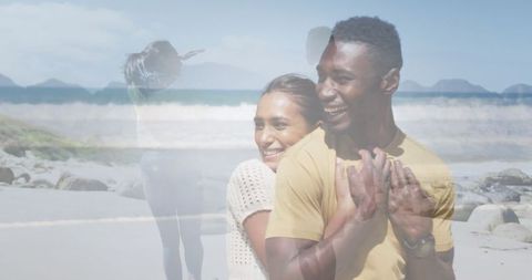 Joyful Couple Embracing on Scenic Beach