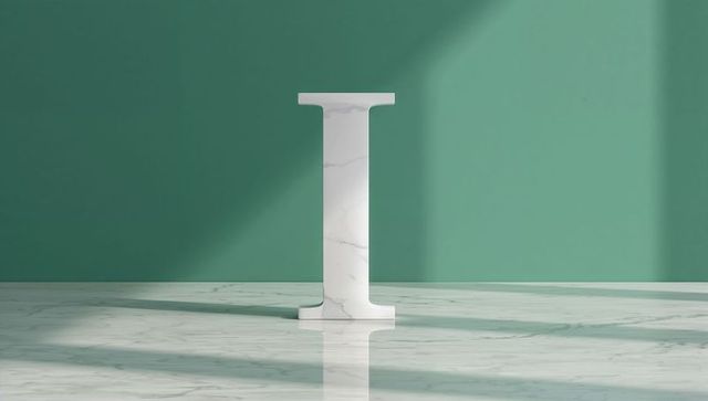 Marble Letter I on Reflective Floor with Geometric Shadows