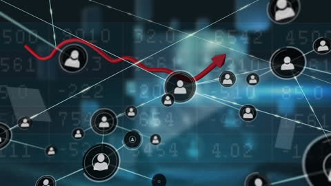 Network of User Icons with Data Points and Rising Arrow